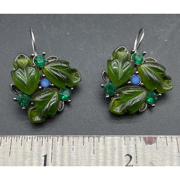 Marvella Leaf Dangle Earrings With Green & Blue Rhinestones 1" L Womens - Picture 4 of 4